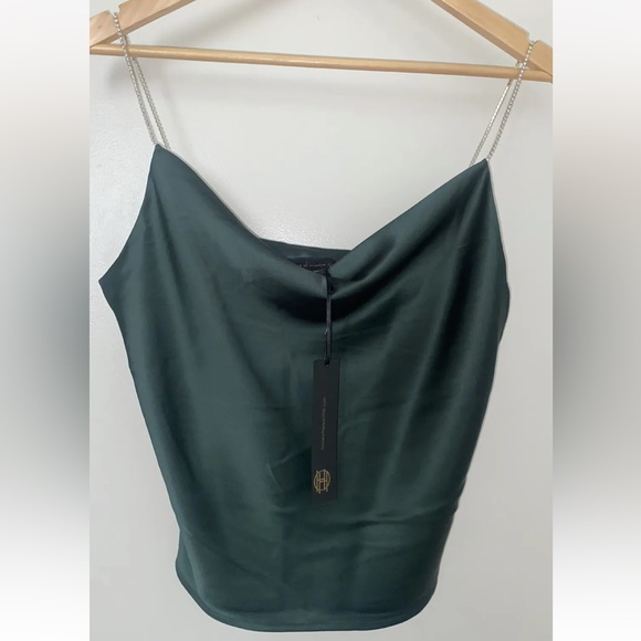 NEW! NWT HOUSE OF HARLOW Satin Cami Top Rhinestone Straps Evergreen Size XS - Picture 1 of 3
